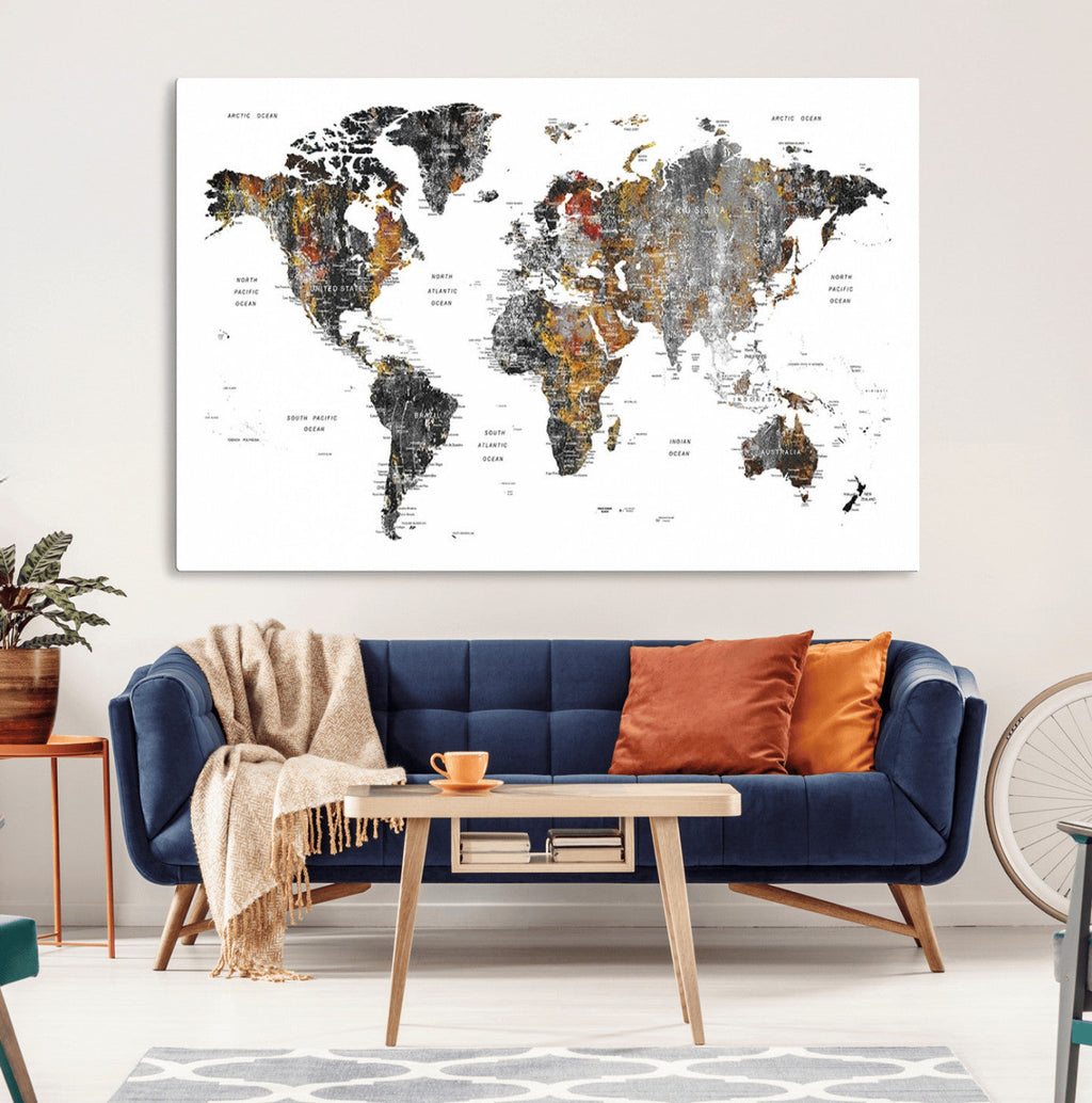 Modern Metallic World Map Canvas Wall Art | Framed Contemporary World Map Print