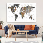 Modern Metallic World Map Canvas Wall Art | Framed Contemporary World Map Print