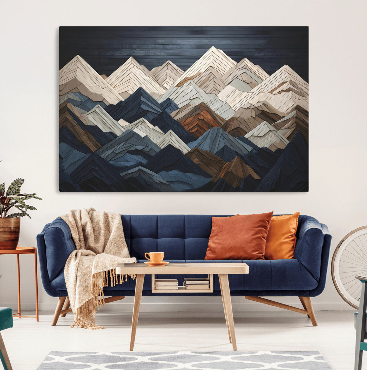 Rustic Mountain Landscape Wall Art Canvas Print, Framed 3D Wooden Effect Mountain Art