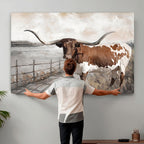 Vintage Texas Cow Wall Art Canvas Print, Rustic Longhorn