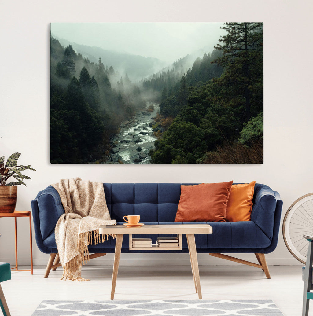 Misty Forest Wall Art, Tranquil Nature Landscape, Ready to Hang | Extra Large 3 Piece Canvas Wall Art