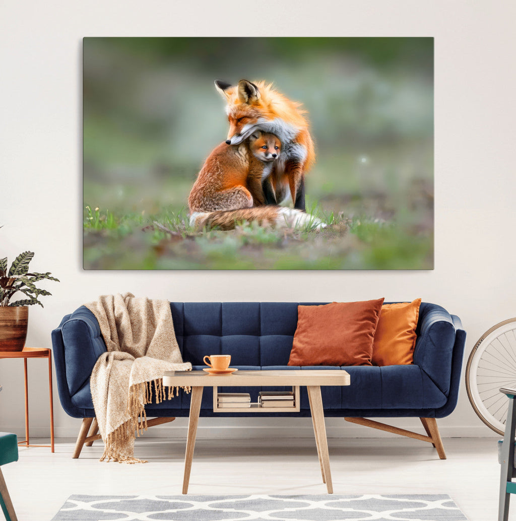 Heartwarming Fox and Baby Cub Wall Art | Canvas Print of Foxes in Nature