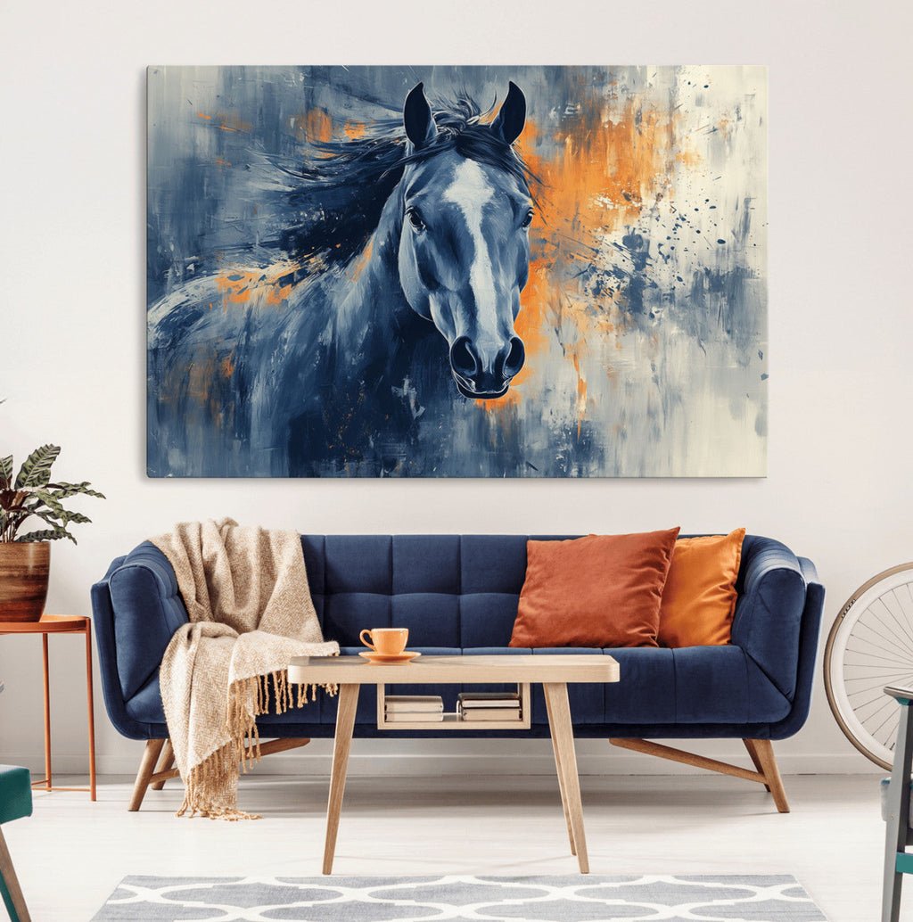 Abstract Blue Horse Wall Art Print Canvas | Western Horse Wall Art for Farmhouse Decor