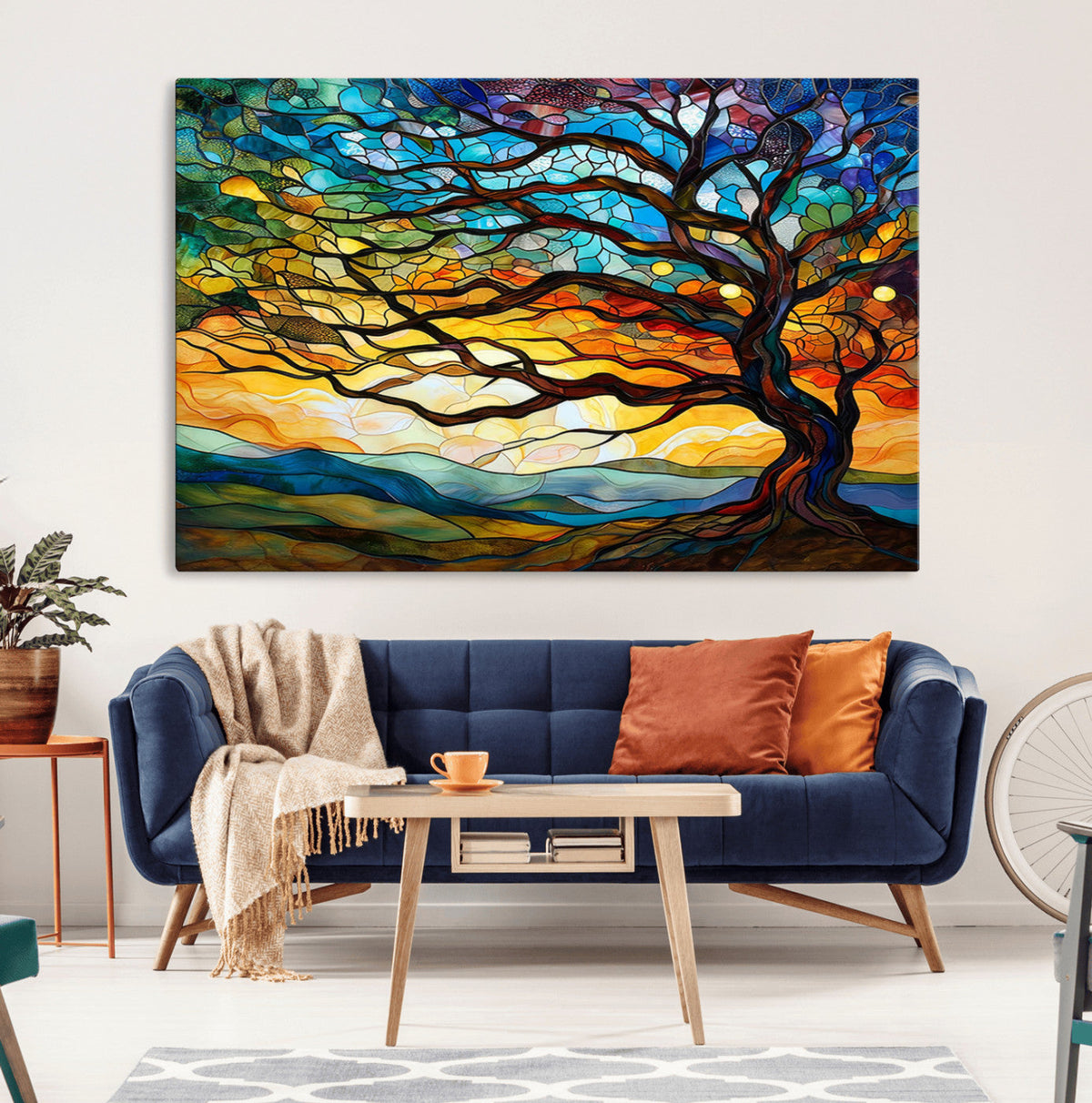 Vibrant Mosaic Tree of Life Wall Art, Stained Glass Style Canvas Print