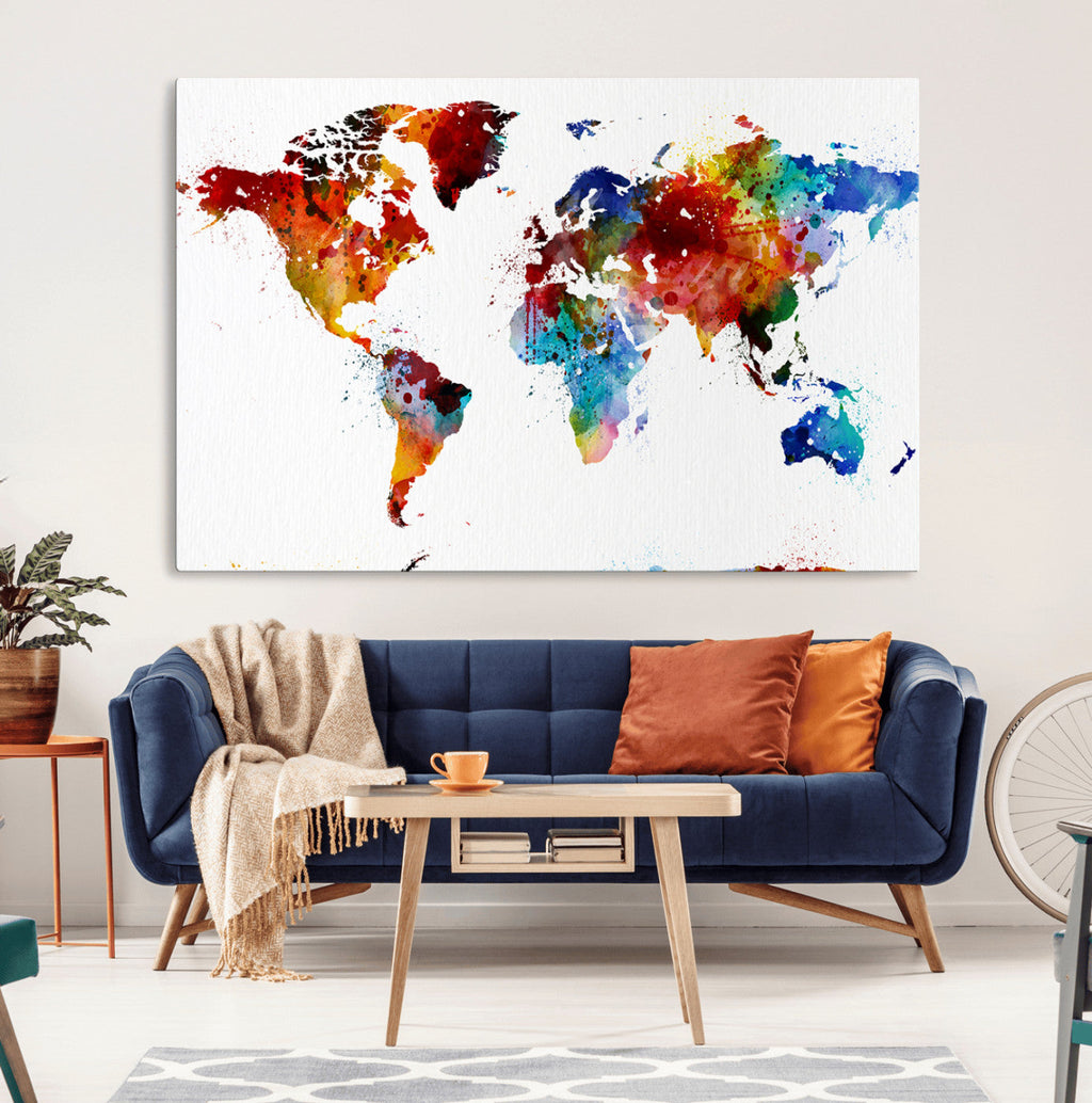 Colorful World Map Canvas Wall Art Print, Contemporary Global Map Artwork