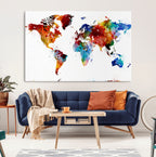 Colorful World Map Canvas Wall Art Print, Contemporary Global Map Artwork