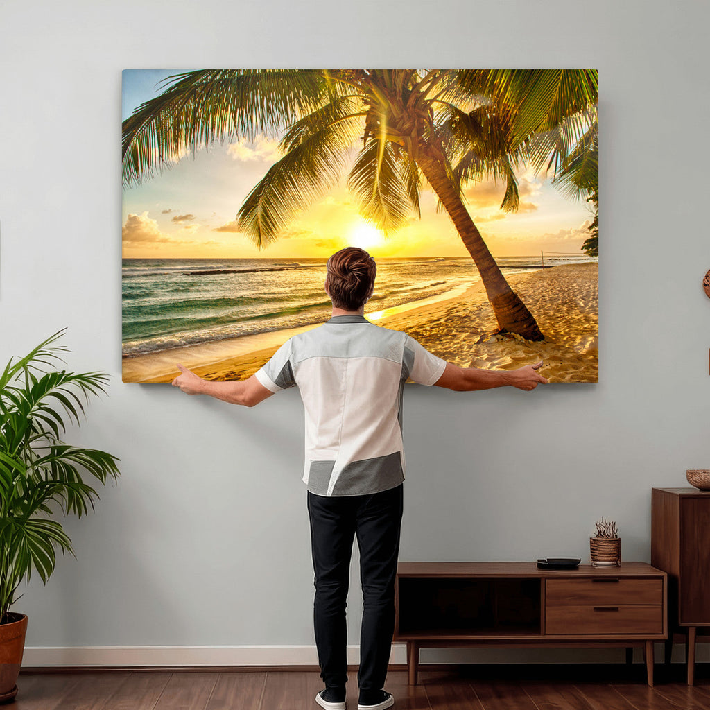 Beach Sunset Canvas Wall Art Print - Tropical Beach Canvas With Palm Trees