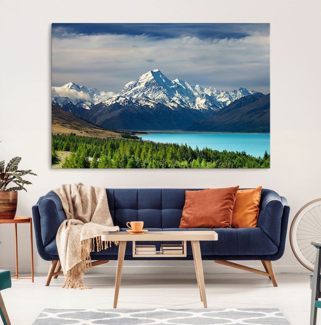 Mount Cook and Lake Pukaki Canvas Wall Art Print | Majestic Snow Capped Peaks