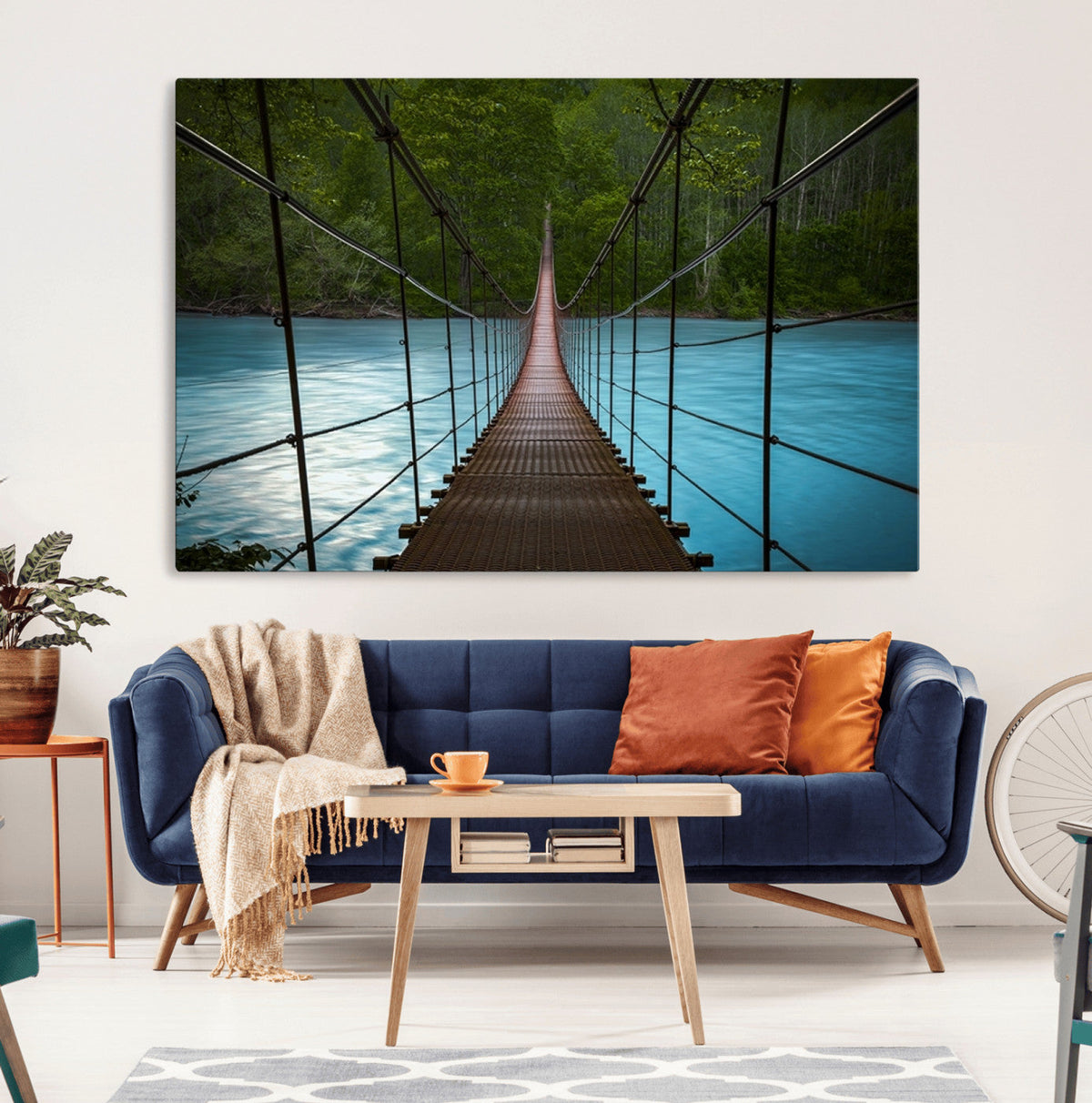 Suspension Bridge Over River Canvas Art | 3-Panel Nature Wall Art