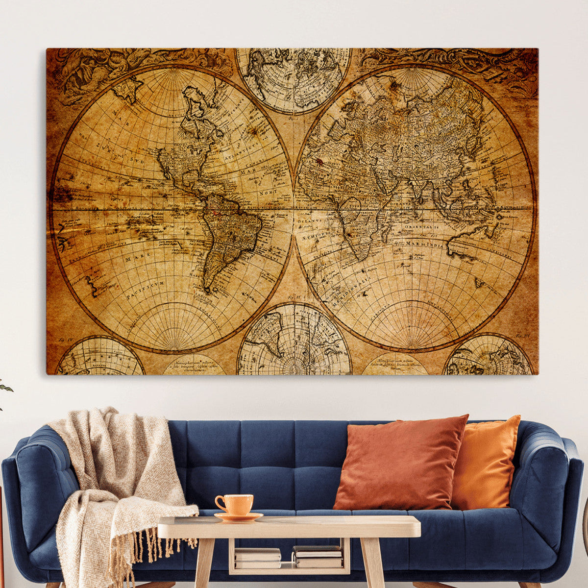 Vintage World Map Canvas Print | Antique Push Pin Travel Map