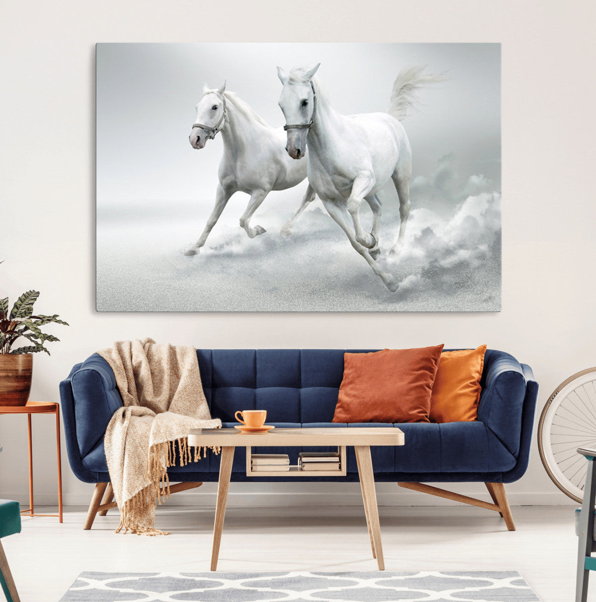 Large Wall Art Canvas Print, Beautiful Running White Horses