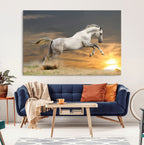 Large Wall Art Canvas Print, White Jumping Horse at Sunset