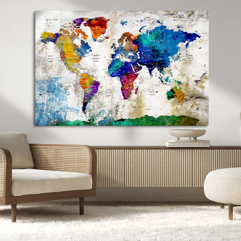 Navy Blue and Orange Watercolor World Map Canvas Print | Framed Travel Map