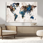 Abstract Earth Tone Blue World Map Canvas Print | Framed Travel Map Wall Art