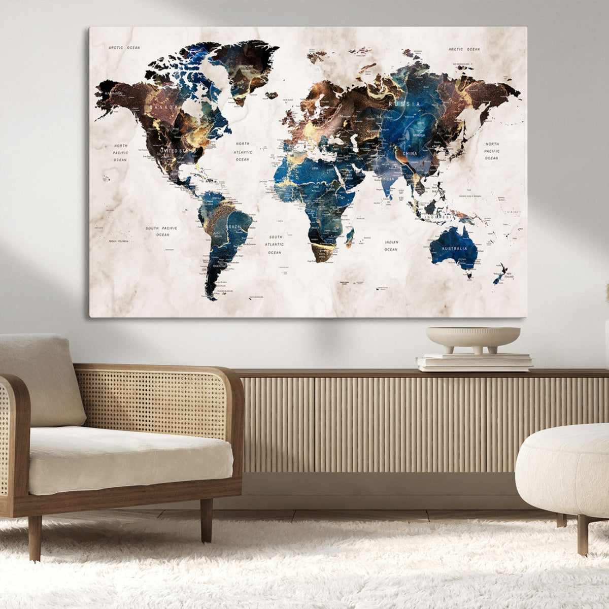 Abstract Earth Tone Blue World Map Canvas Print | Framed Travel Map Wall Art