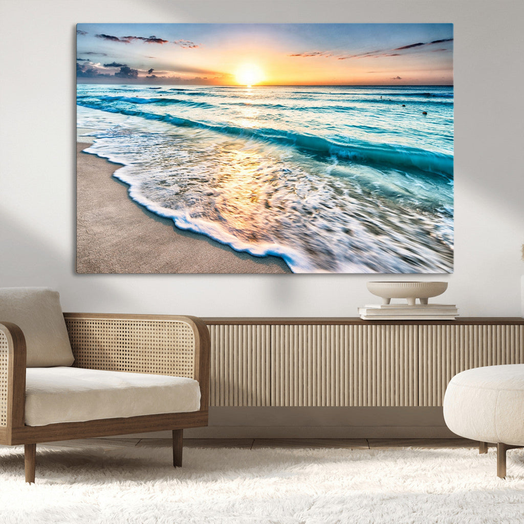 Sunset Beach Waves Canvas Wall Art | Ocean Sunset Coastal Print