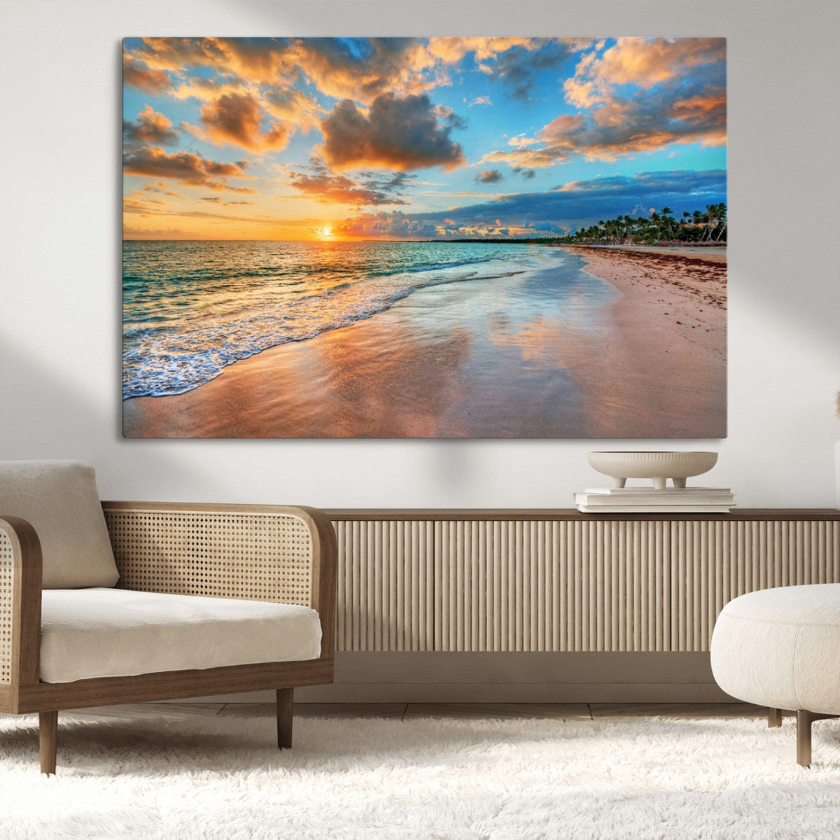 Sunset Beach Canvas Wall Art | Tropical Triptych Seascape Print
