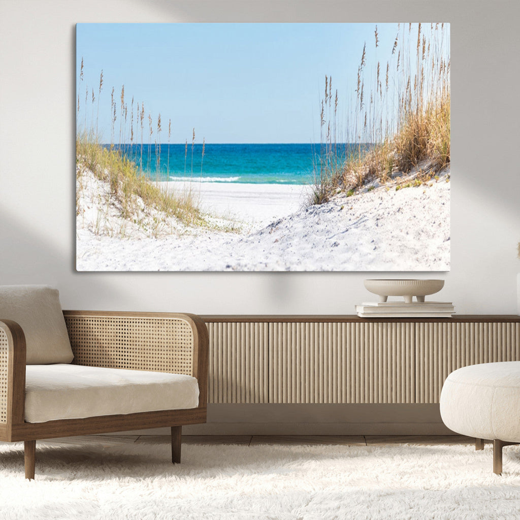 Serene Coastal Dune Path with Ocean View, 3-Panel Beach Canvas Wall Art