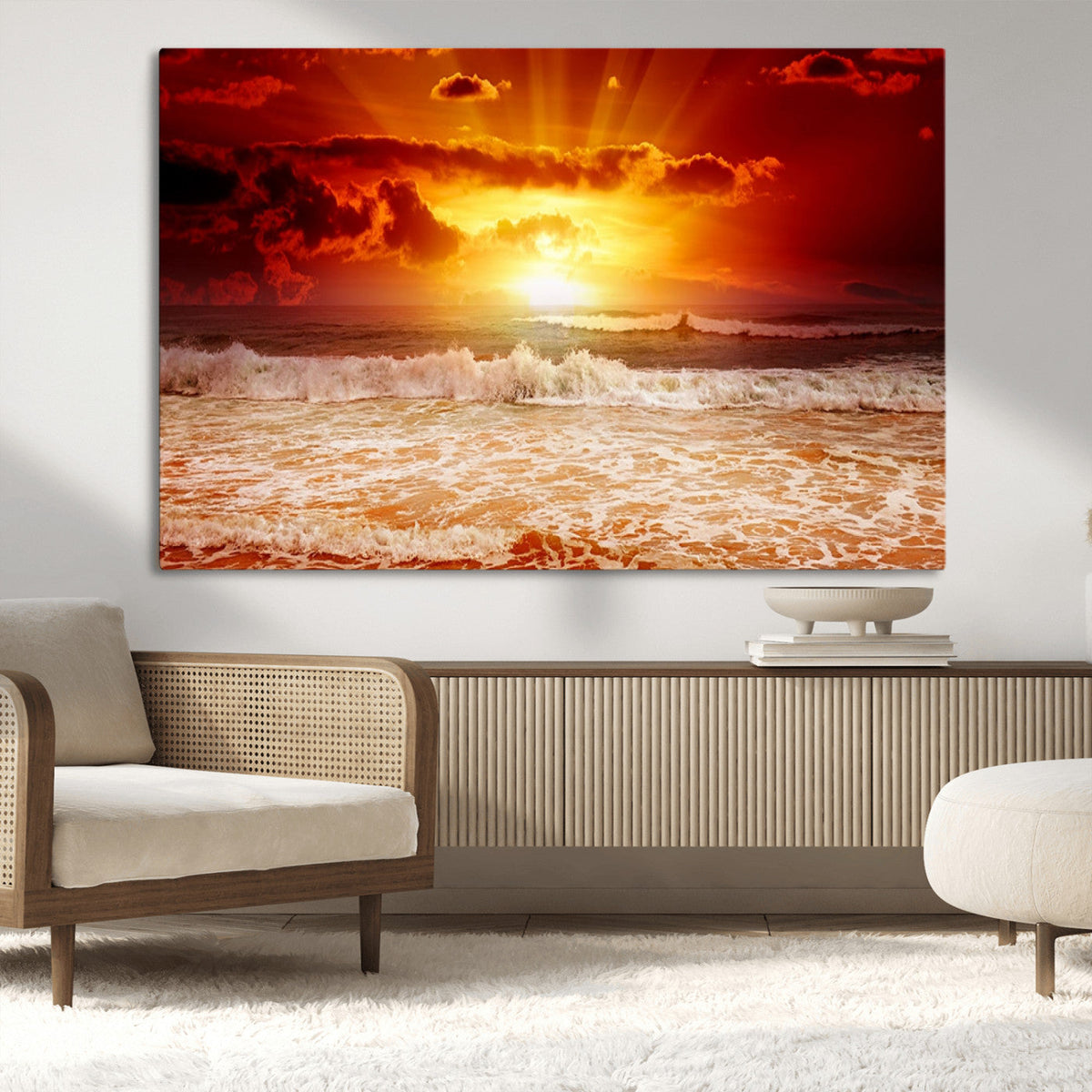 Red Sunset Ocean Beach Canvas Wall Art, Coastal Sunset Print
