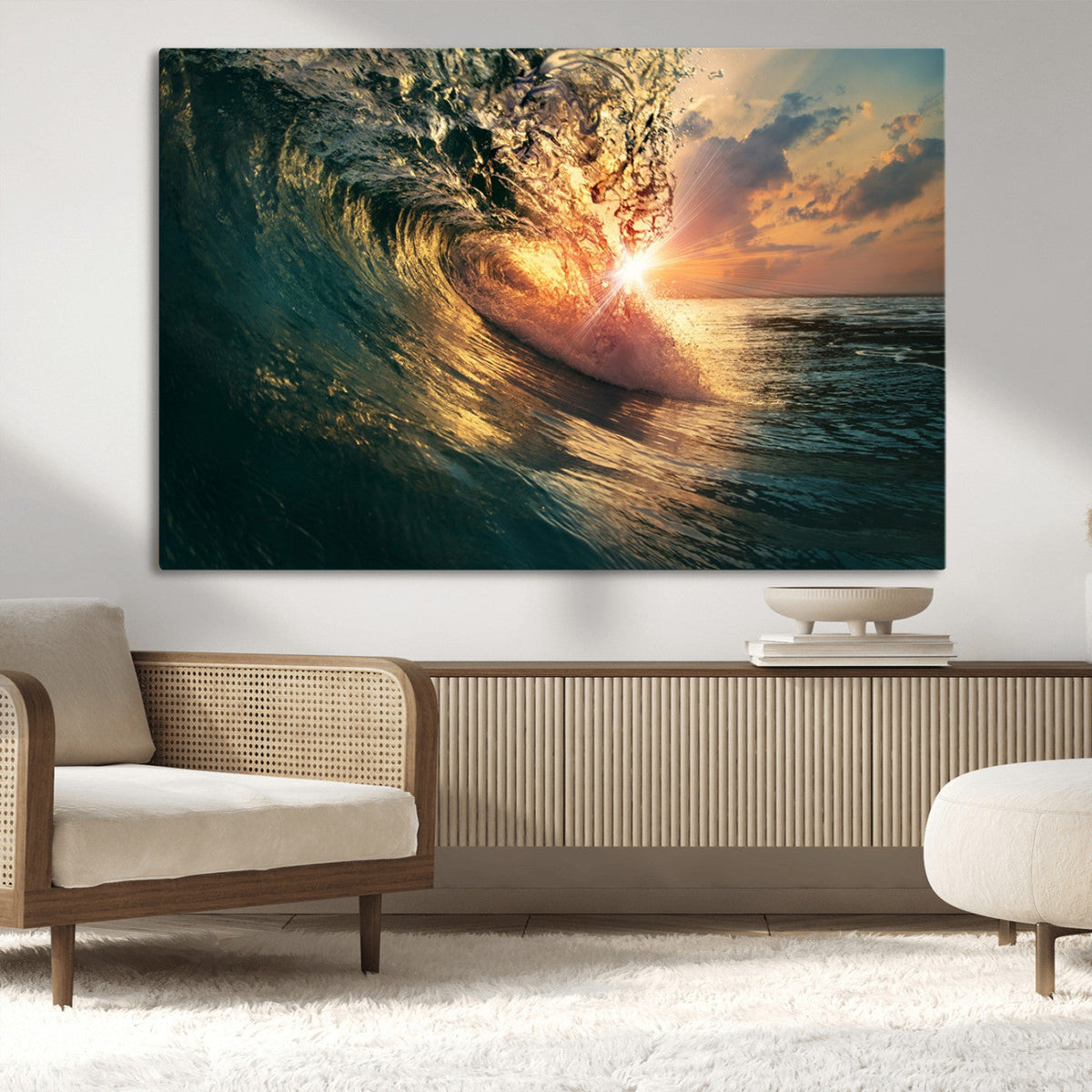 Ocean Wave Sunset Canvas Wall Art | Triptych Seascape Print
