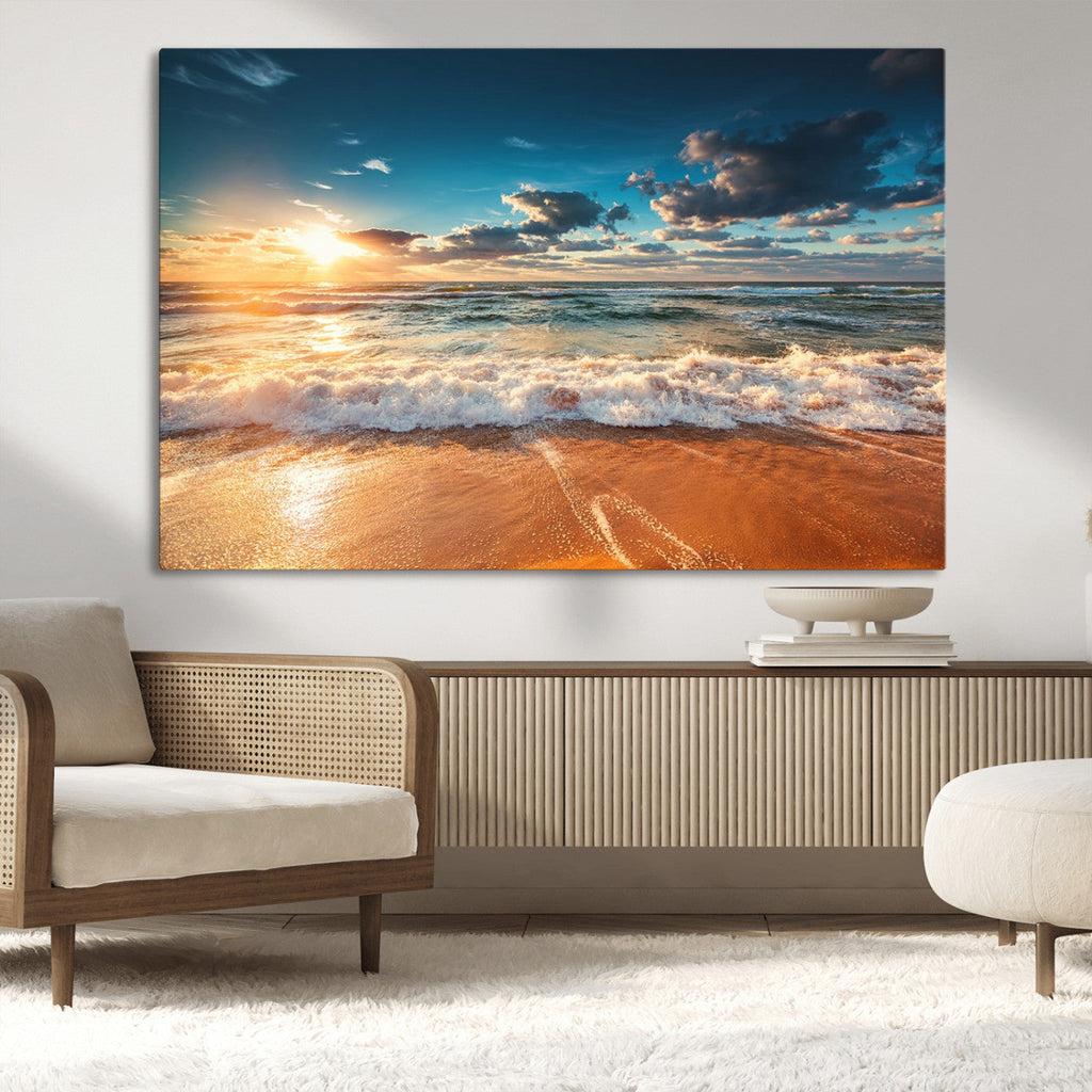 Golden Sunset Beach Triptych Canvas Art, Giclee Coastal Wall Decor, Ocean Waves Print