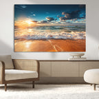 Golden Sunset Beach Triptych Canvas Art, Giclee Coastal Wall Decor, Ocean Waves Print