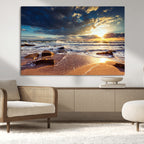Golden Hour Beach Sunset Canvas Triptych, Ocean Waves and Rocks Wall Art