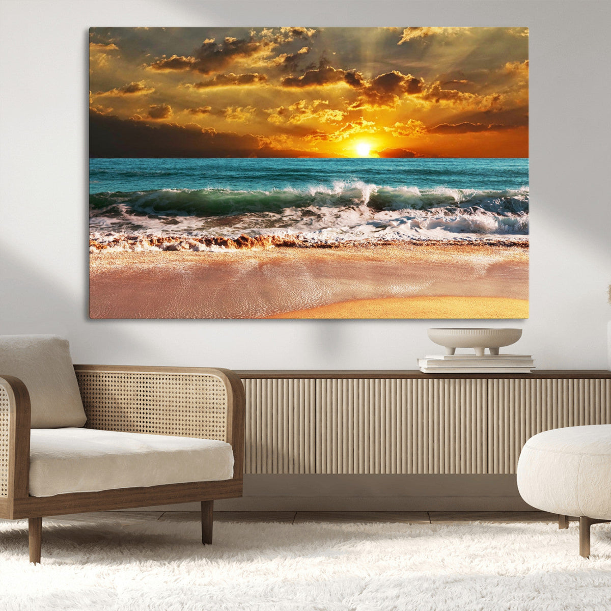 Golden Sunset Beach Canvas Wall Art | Triptych Seascape Print, Framed and Ready to Hang