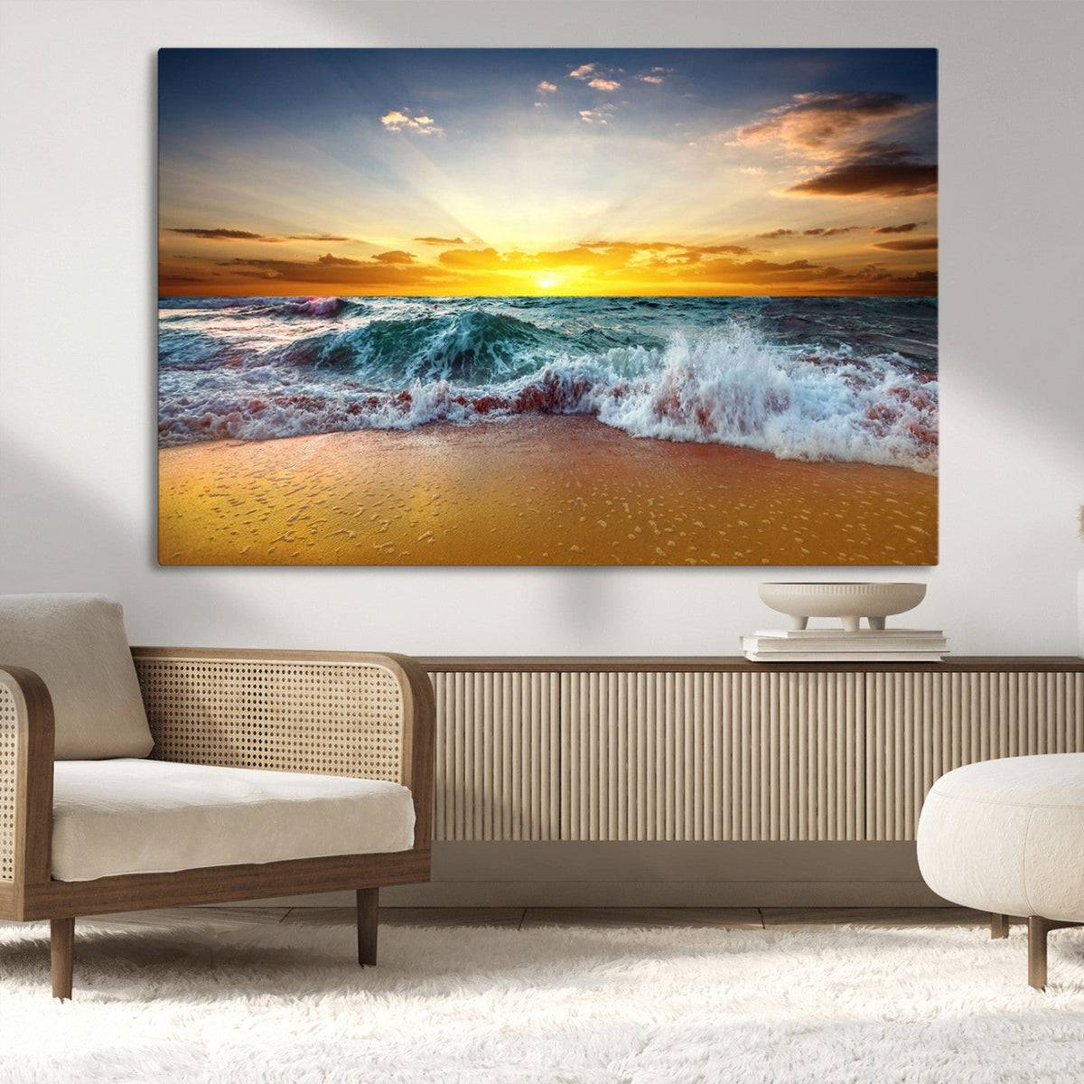 Golden Sunset Ocean Waves Wall Art Canvas Print | Multi Panel Beach Canvas Set, Coastal Triptych