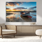 Small Boat At The Beach Sunset Wall Art, Boat Sunset Wall Art Canvas Print