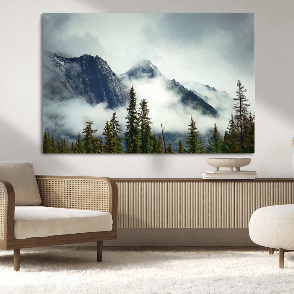 Mountain Mist Canvas Wall Art Print | 3-Panel Foggy Forest and Mountain Landscape