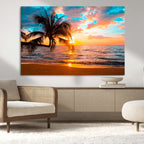 Palm Tree Sunset On The Beach Wall Art Canvas, Framed Palm Tree Sunset Canvas Print