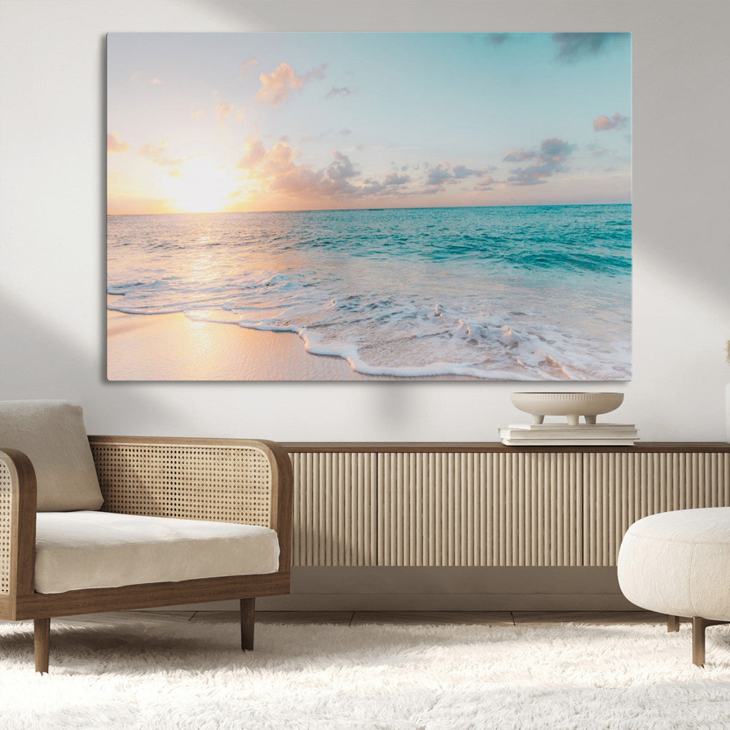 Tranquil Ocean Beach Sunset Canvas Wall Art | 3-Panel Coastal Decor