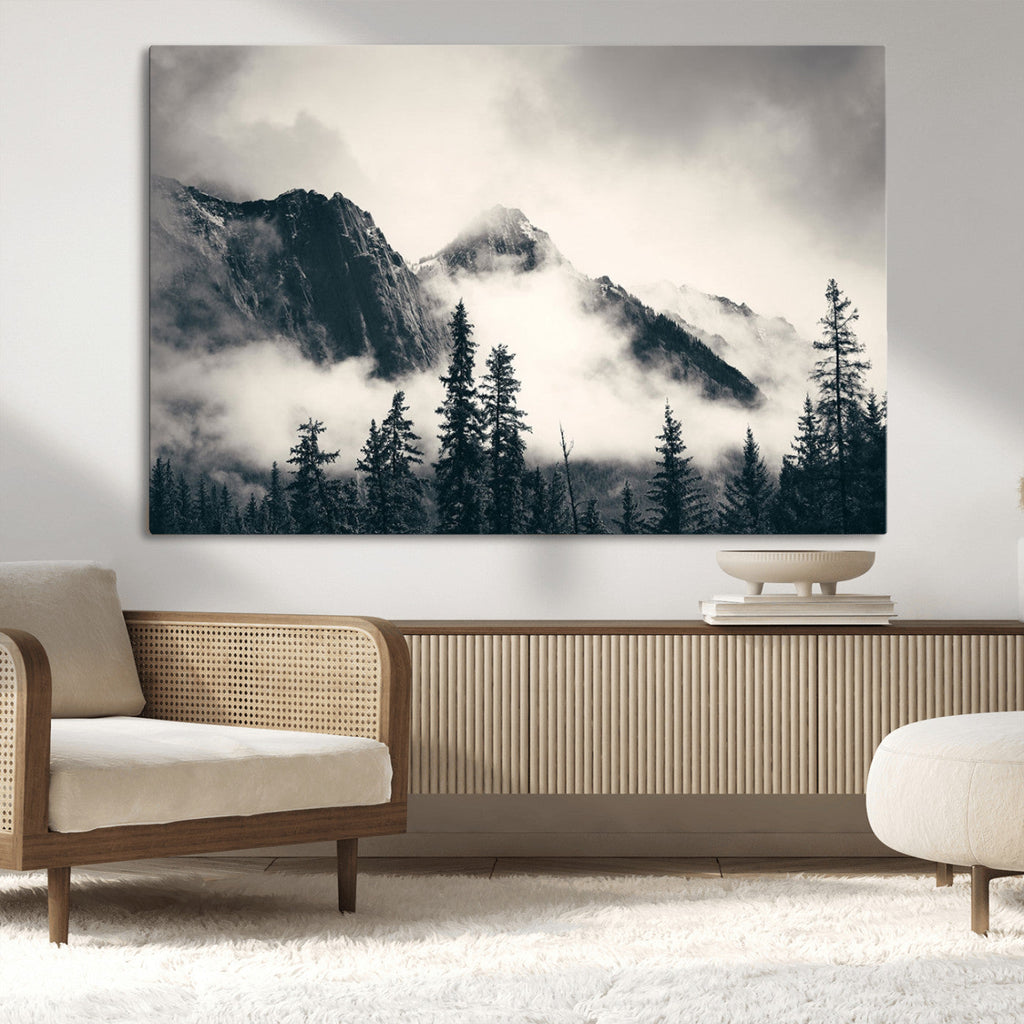 Forest Mountain Print | Black and White Canvas Wall Art with Misty Forest Design