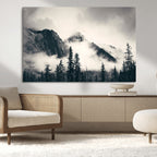 Forest Mountain Print | Black and White Canvas Wall Art with Misty Forest Design