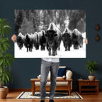 Bison Herd in Snow Wall Art Canvas Print | Rustic Western Bison Wall Art for Living Room and Farmhouse Decor