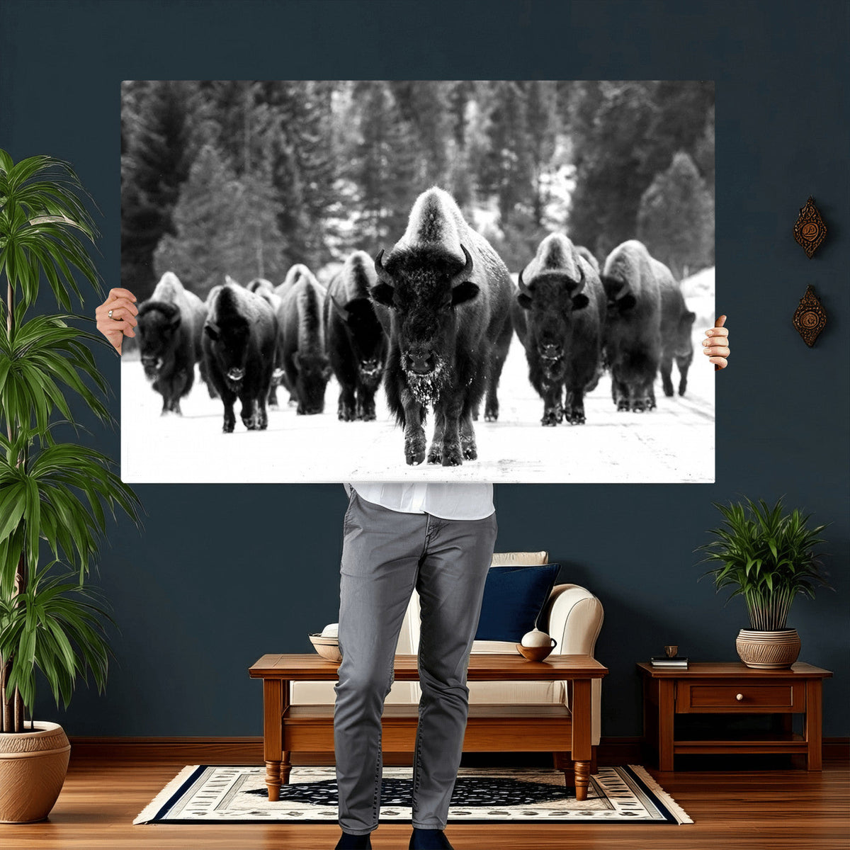 Bison Herd in Snow Wall Art Canvas Print | Rustic Western Bison Wall Art for Living Room and Farmhouse Decor