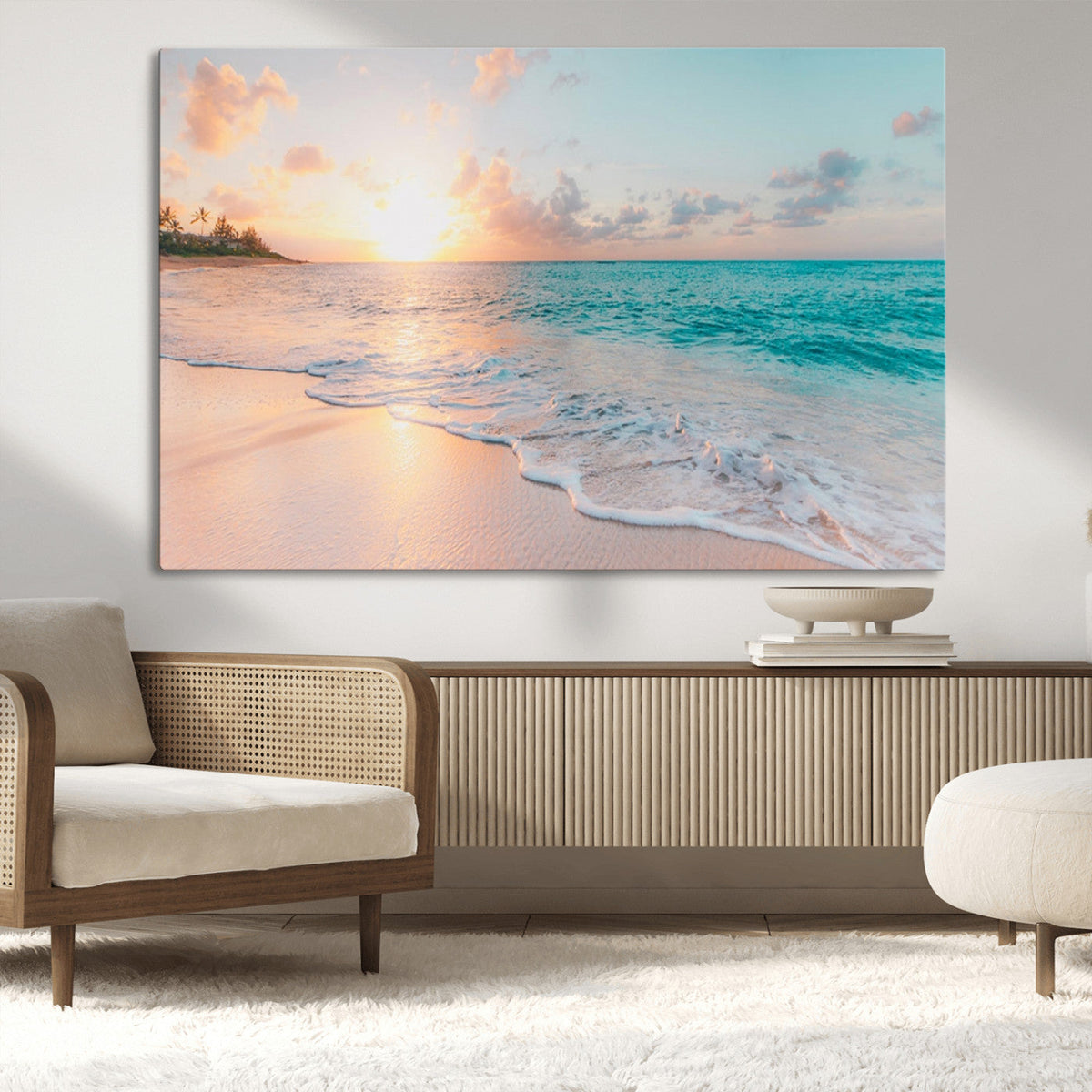 Beach Sunrise Wall Art, Coastal Seascape Canvas Print, Ocean Wave Wall Decor