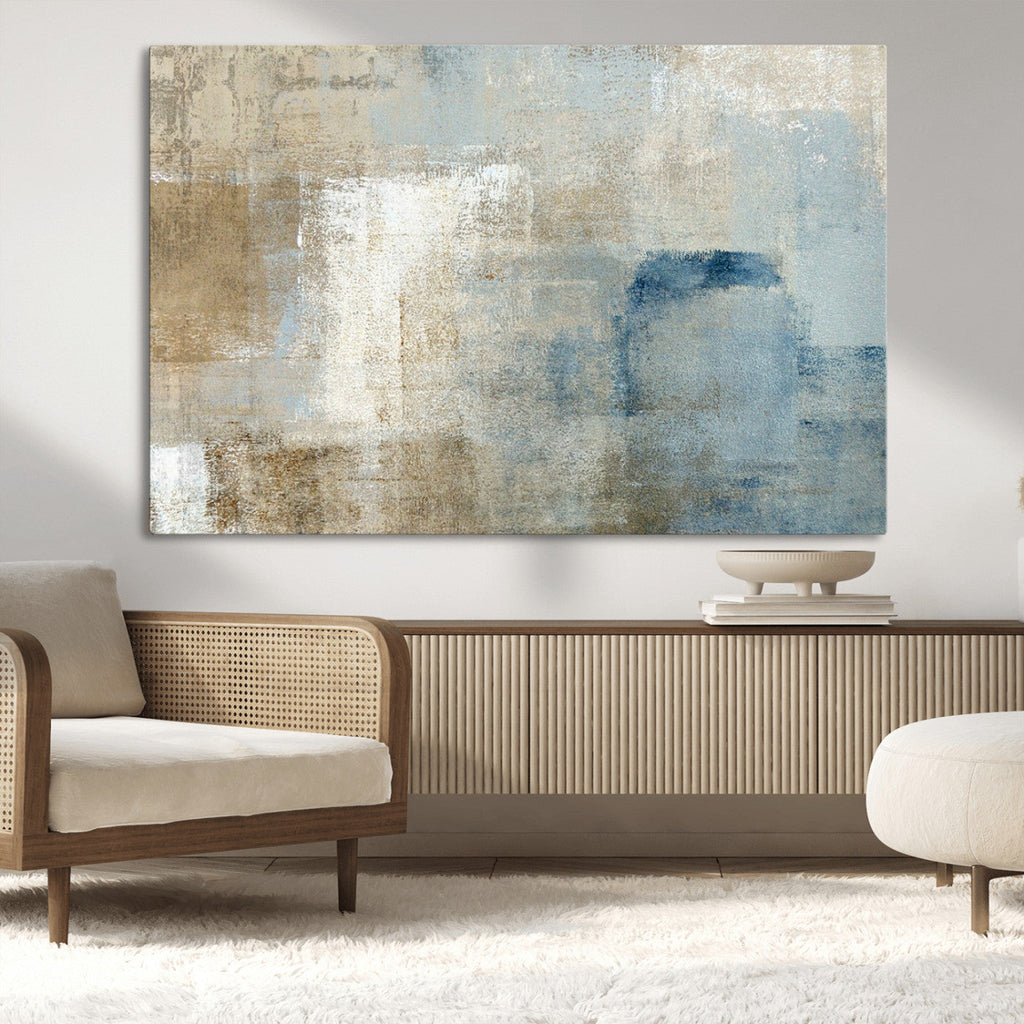Abstract Blue and Beige Wall Art, Modern Minimalist Canvas Print Set