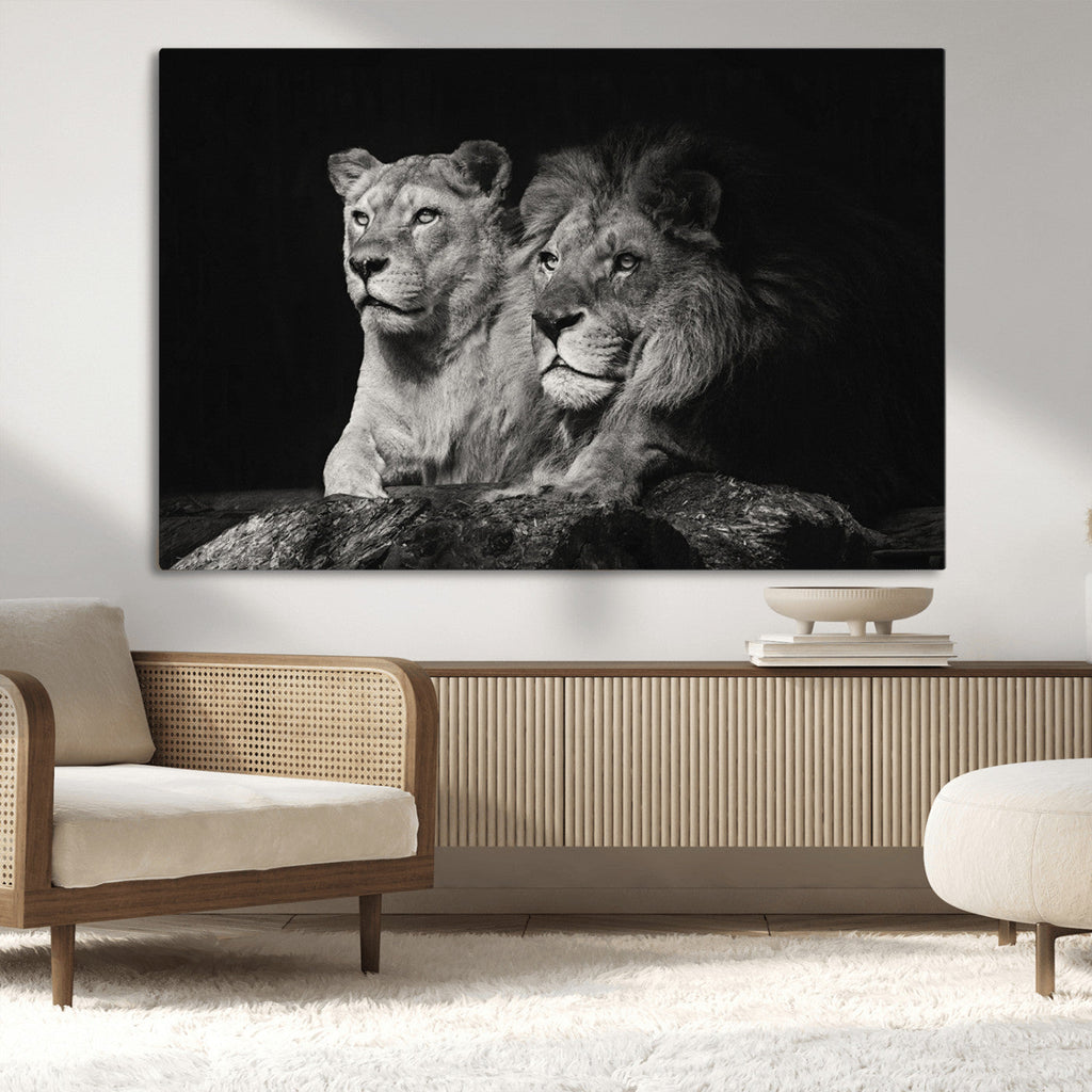 Lion Couple Wall Art Canvas Print, Elegant Black and White Wildlife Portrait