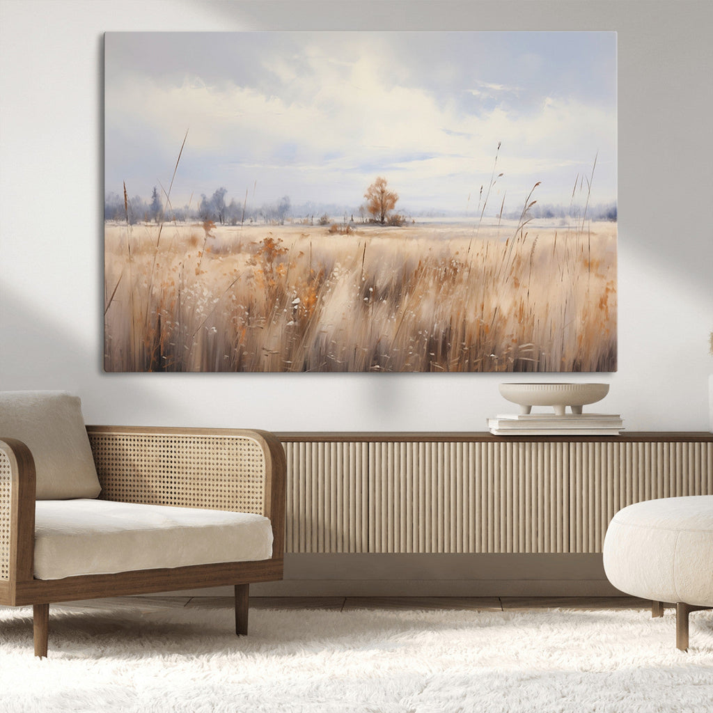 Golden Fields Wall Art Print Canvas | Serene Minimalist Landscape for Farmhouse Decor