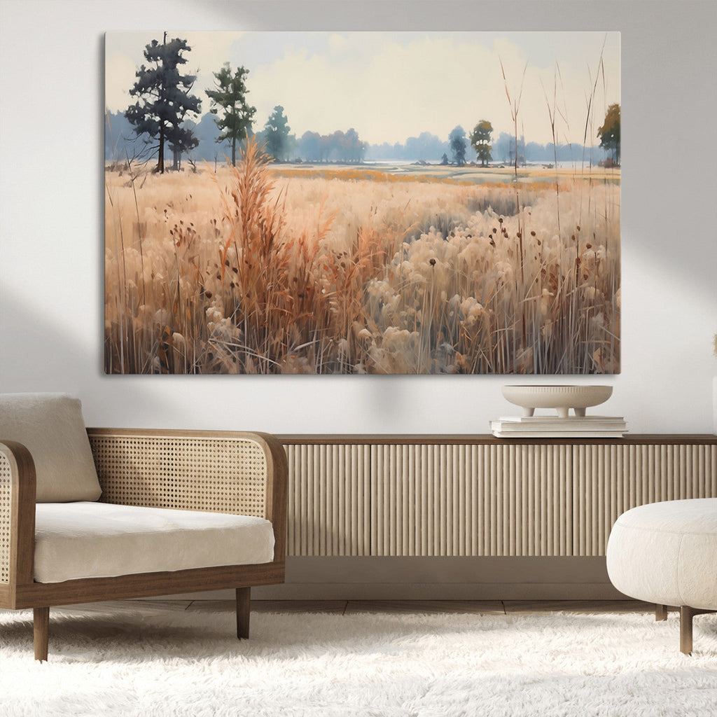 Golden Fields Canvas Wall Art Print | Serene Minimalist Landscape for Modern Decor