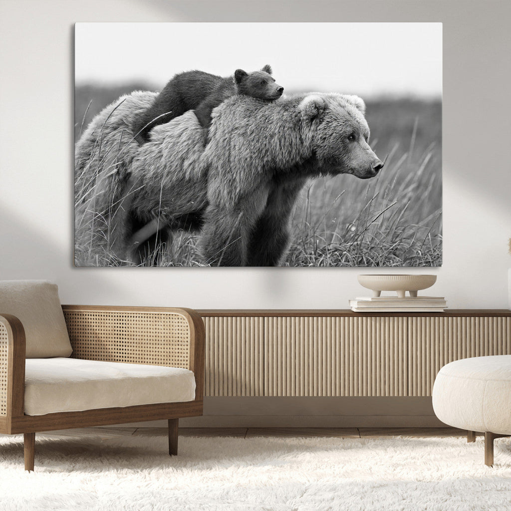 Bear and Cub Wall Art Canvas | Grizzly 399 Bear and Cub Black and White Wildlife Print