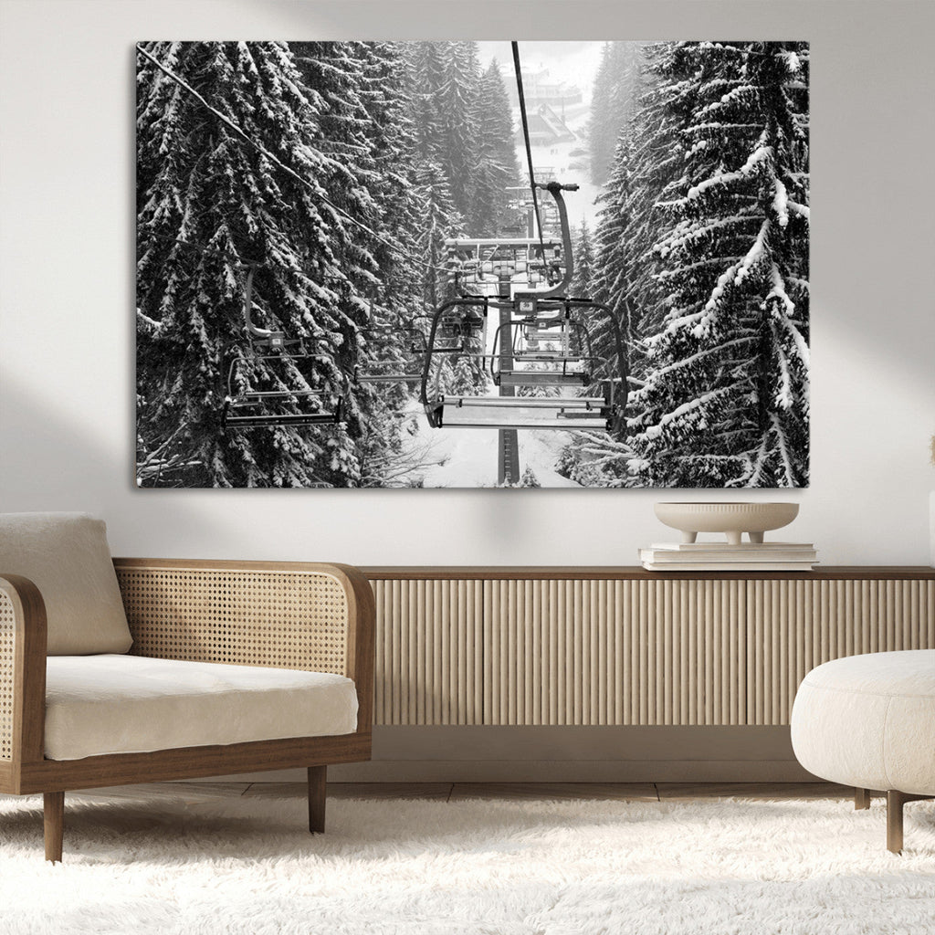 Winter Ski Lift Black and White Canvas Wall Art | Alpine Escape in Minimalist Style