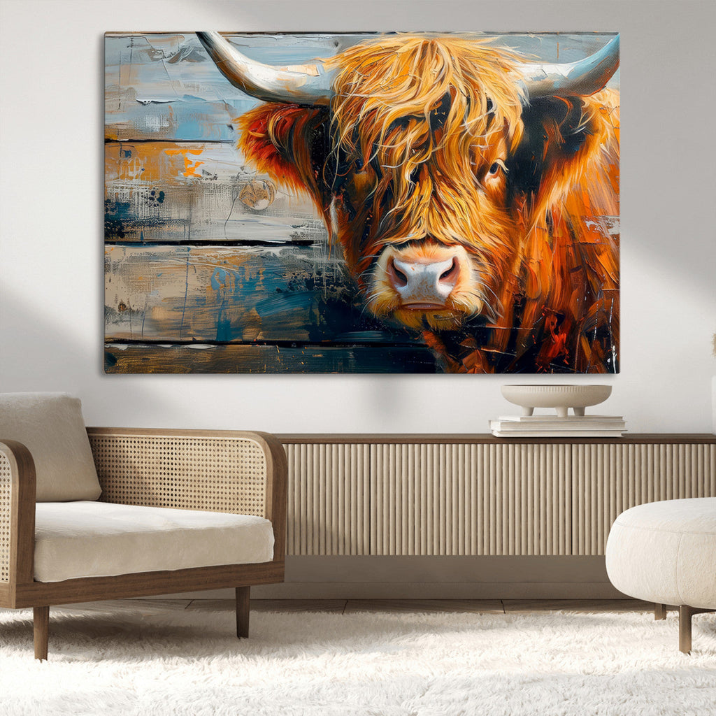 Highland Cow Abstract Canvas Wall Art, Bold Farmhouse Decor