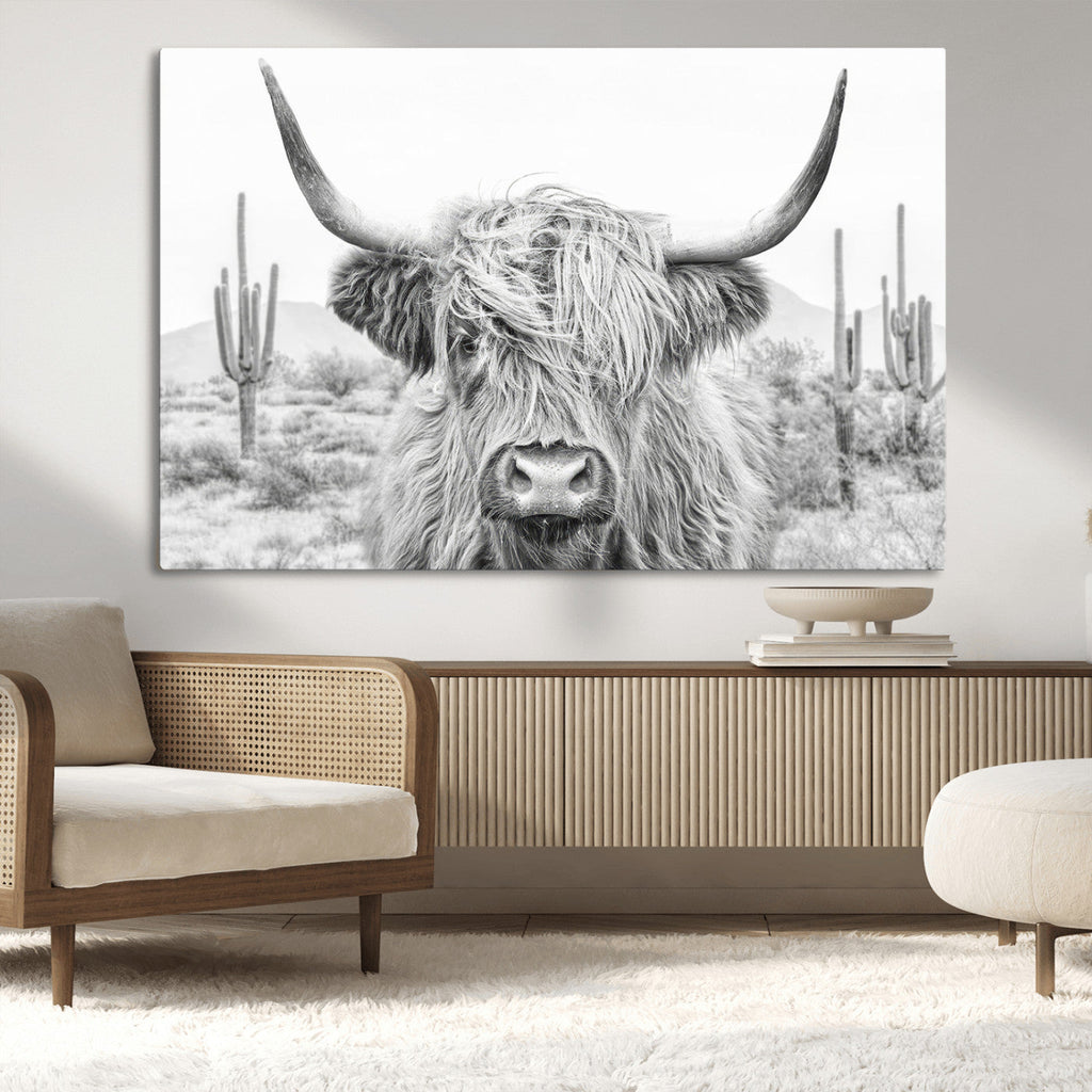 Rustic Charm, Cow Longhorn Black White Bighorn Wall Art