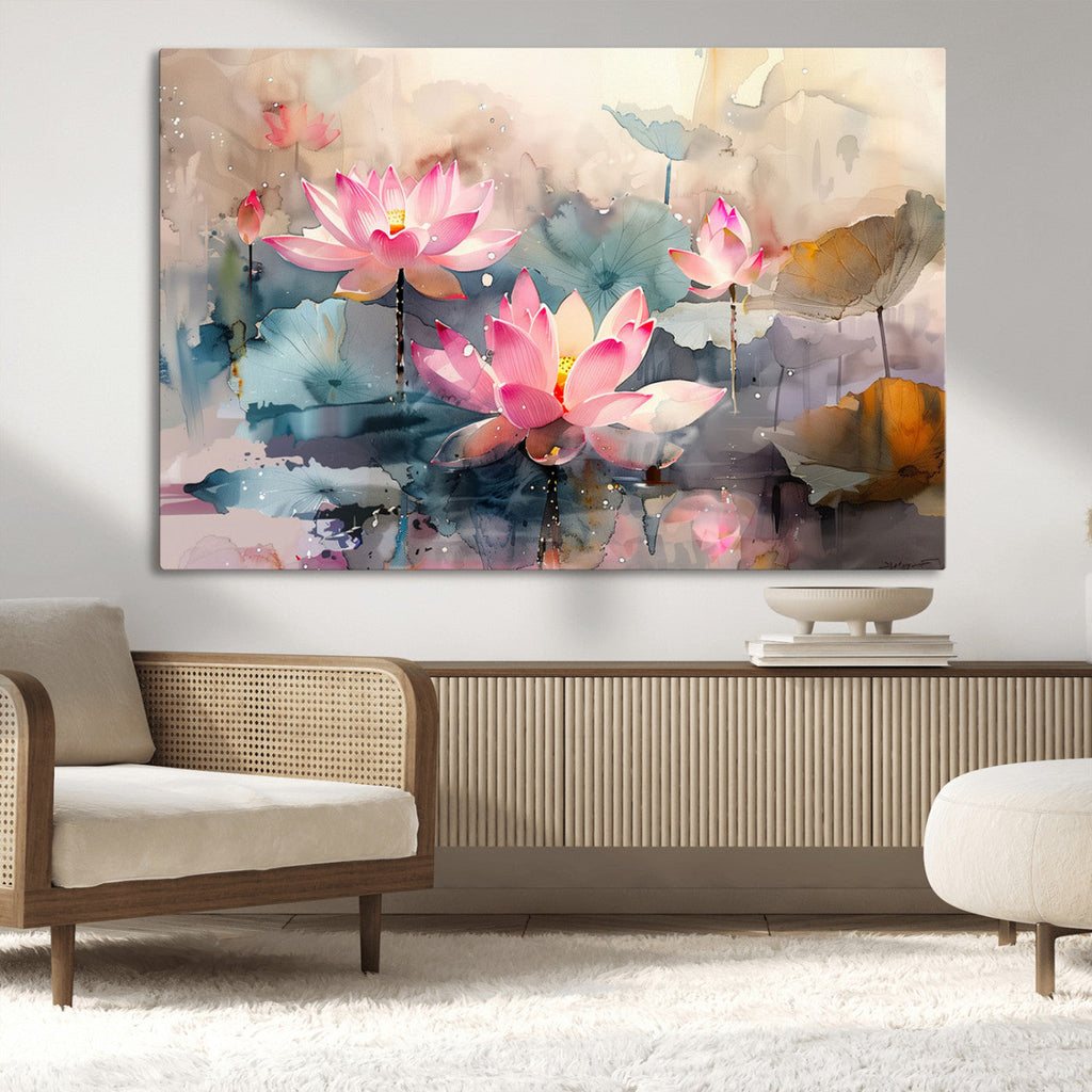 Lotus Flower Wall Art | 3 Panel Giclee Canvas Print of Pink Lotus Blossoms