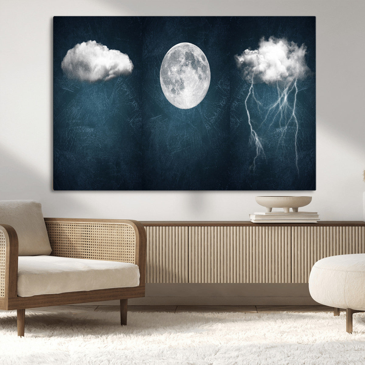 3 Piece Indigo Cloud Wall Art, Thunderstorm Moon Cloud Artwork