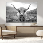Black White Scottish Highland Cow Canvas Farm Wall Art