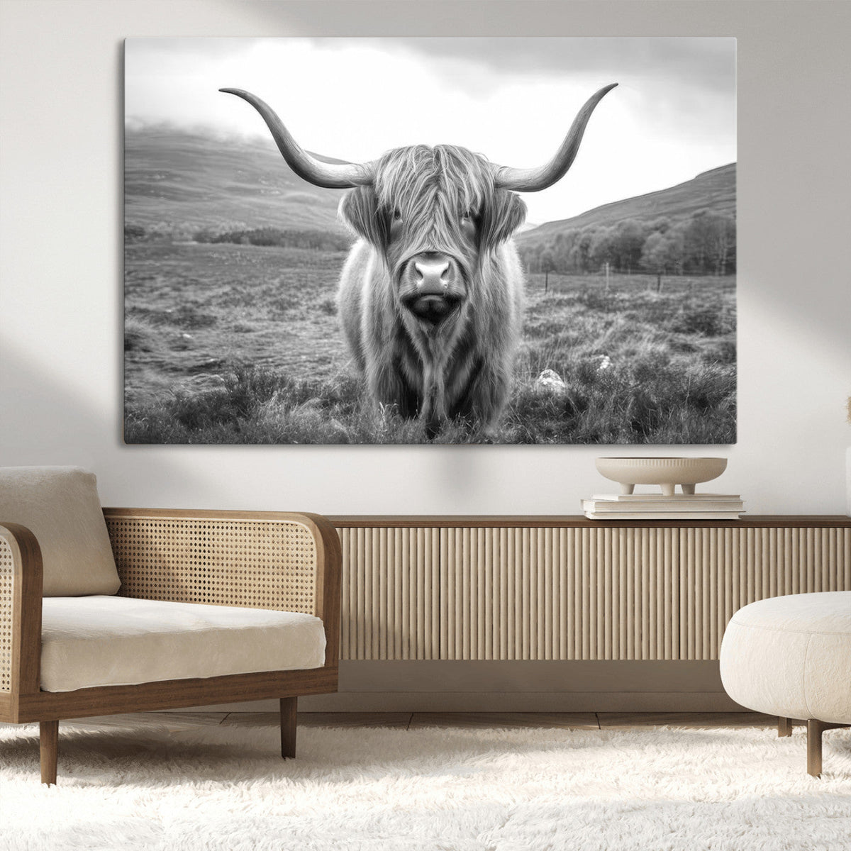 Black White Scottish Highland Cow Canvas Farm Wall Art